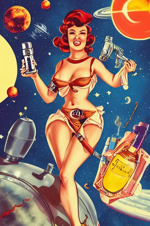 Prompt: old school, traditional style flashes of pinup girl in space holding a lazer pistol by sailor jerry, marina goncharova, vic james, electric martina, heath clifford, filip henningsson, kimi vera