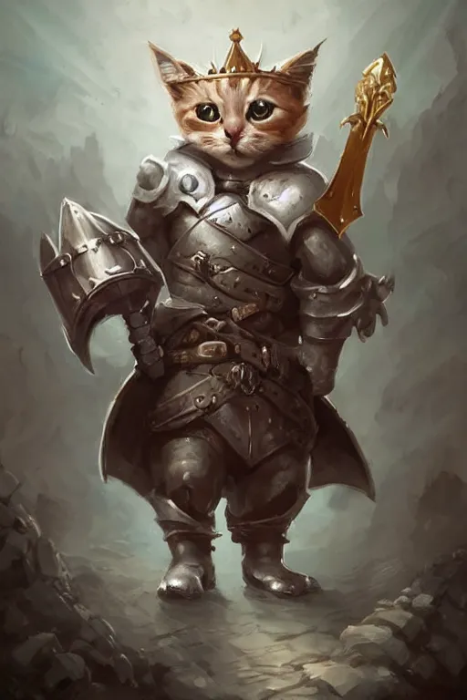 Image similar to cute little anthropomorphic cat knight wearing a cape and a crown, tiny, small, miniature cat , baby animal, short, pale blue armor, cute and adorable, pretty, beautiful, DnD character art portrait, matte fantasy painting, DeviantArt Artstation, by Jason Felix by Steve Argyle by Tyler Jacobson by Peter Mohrbacher, cinematic lighting