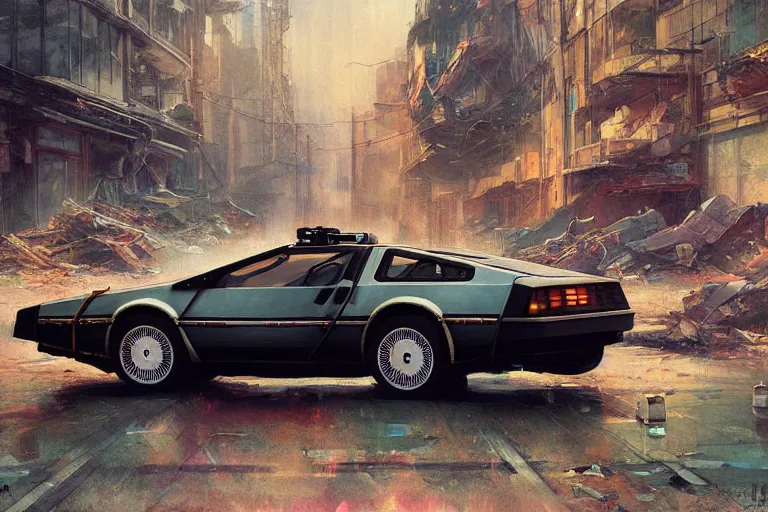 Image similar to photograph of the delorean driving down the streets of a cyberpunk abandoned city, by greg rutkowski, by stanley artgerm, by alphonse mucha