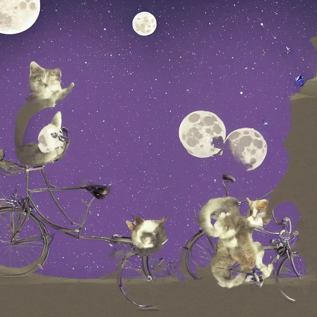 Prompt: A purple cat wearing a top hat riding a bicycle infront of the moon, digital art n 4