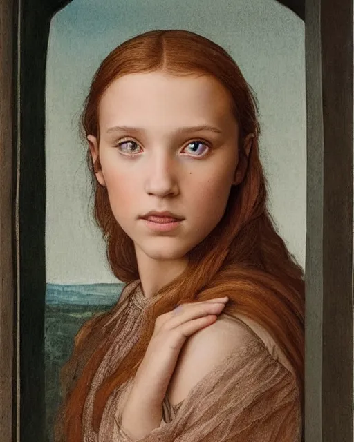 Prompt: a window - lit realistic portrait painting of a thoughtful girl resembling a young, shy, redheaded alicia vikander or millie bobby brown as an ornately dressed princess from the latest star wars movie, highly detailed, intricate, by leonardo davinci and boticelli