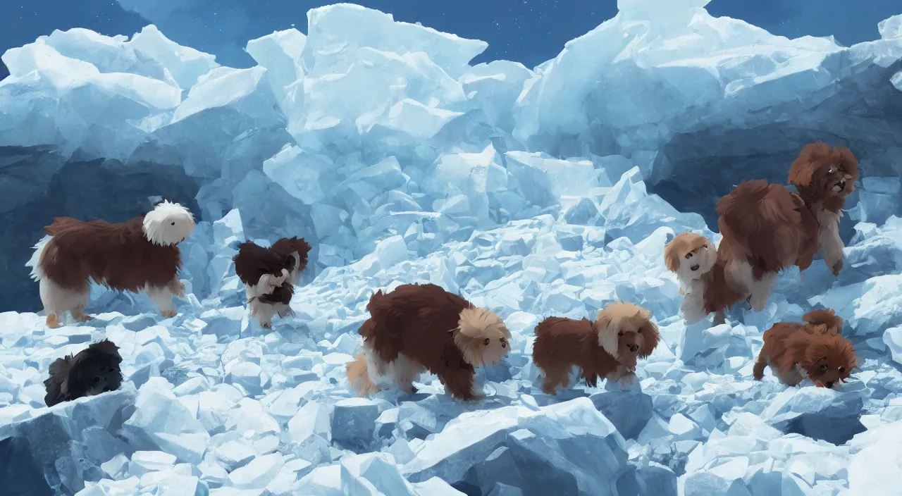 Image similar to havanese dogs and arctic explorers, crossing glaciers, 1 9 0 0, tartakovsky, atey ghailan, goro fujita, studio ghibli, rim light, harsh midday lighting, clear focus, very coherent