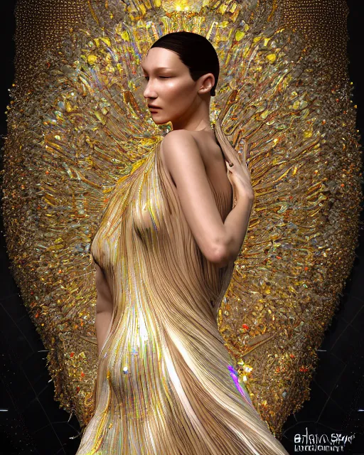 Image similar to a highly detailed metahuman 4 k close up render of a bella hadid as techno monument renaissance in iris van herpen dress schiaparelli in diamonds crystals swarovski and jewelry iridescent in style of alphonse mucha gustav klimt trending on artstation made in unreal engine 4