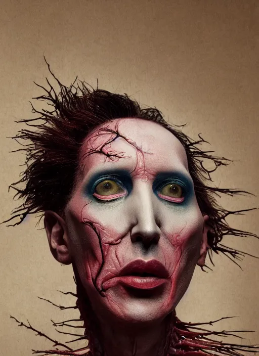 Image similar to portrait of Marilyn Manson with translucent skin, visible muscles and veins and arteries and bones and spines and nerves, beautiful detailed intricate insanely detailed octane render, 8k artistic photography, photorealistic, chiaroscuro, by David Cronenberg, Raphael, Caravaggio