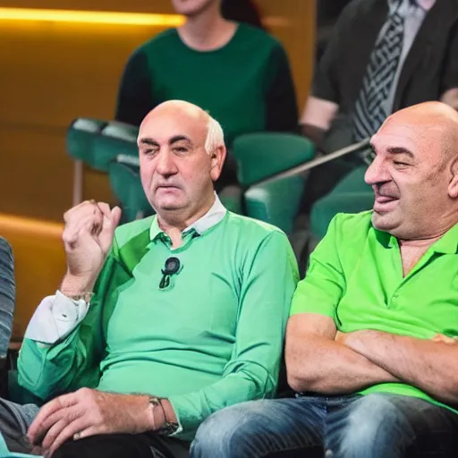 Prompt: mid white hair old man with green shirt and white short, sitting in shark tank with kevin o'leary