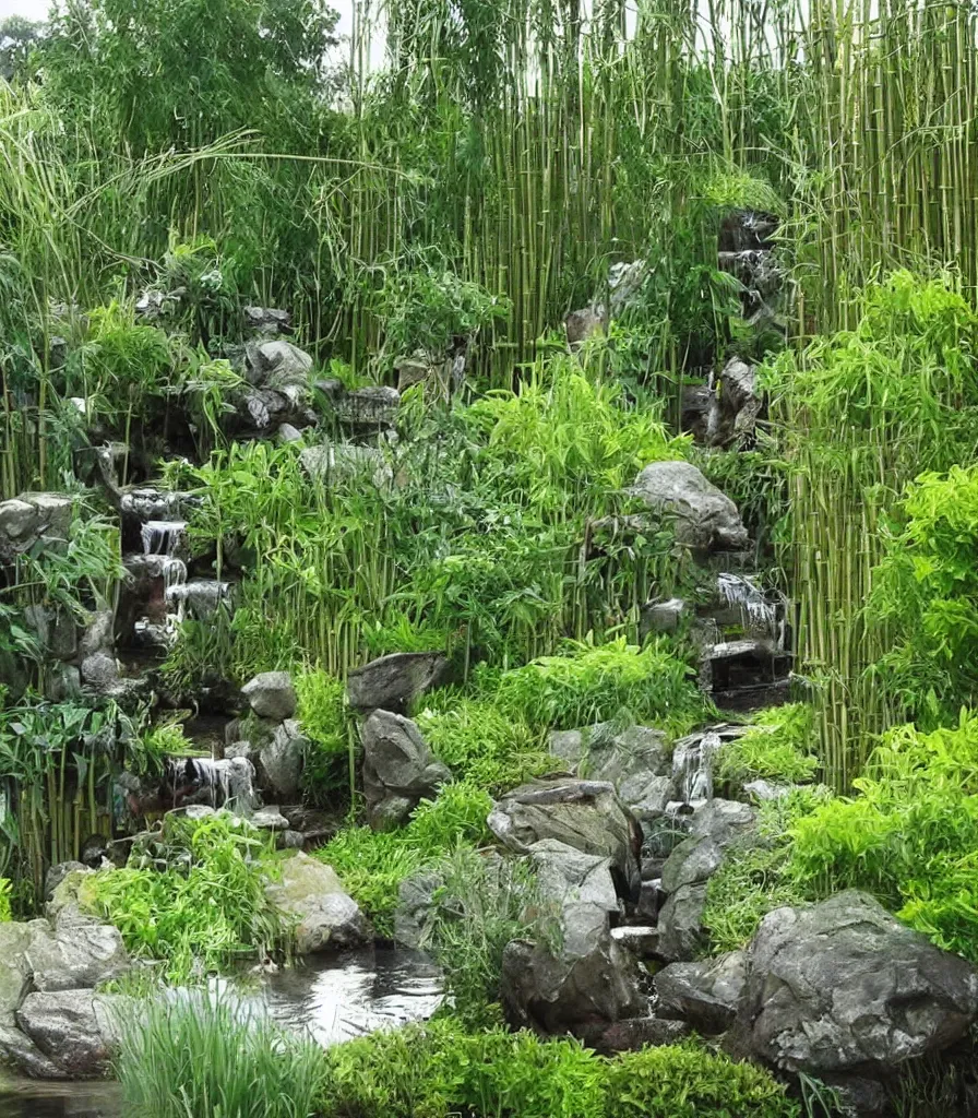 Image similar to a garden, in which there is a flowing water sculpture made of bamboo, garden landscape and symmetrical landscape ， by andre le notre ， trending ，