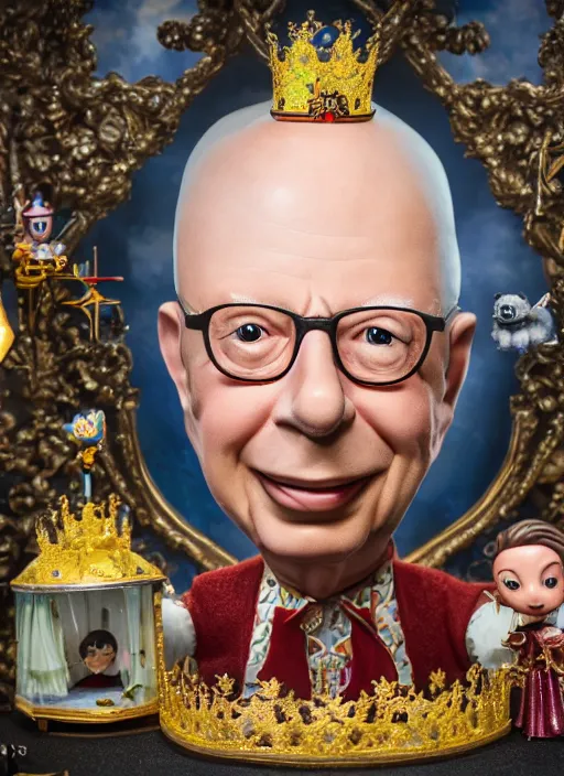 Image similar to closeup face profile portrait of tin toy klaus schwab as a fairytale prince wearing a crown eating cakes, depth of field, zeiss lens, detailed, symmetrical, centered, fashion photoshoot, by nicoletta ceccoli, mark ryden, lostfish, breathtaking, 8 k resolution, extremely detailed, beautiful, establishing shot, artistic, hyperrealistic, octane render