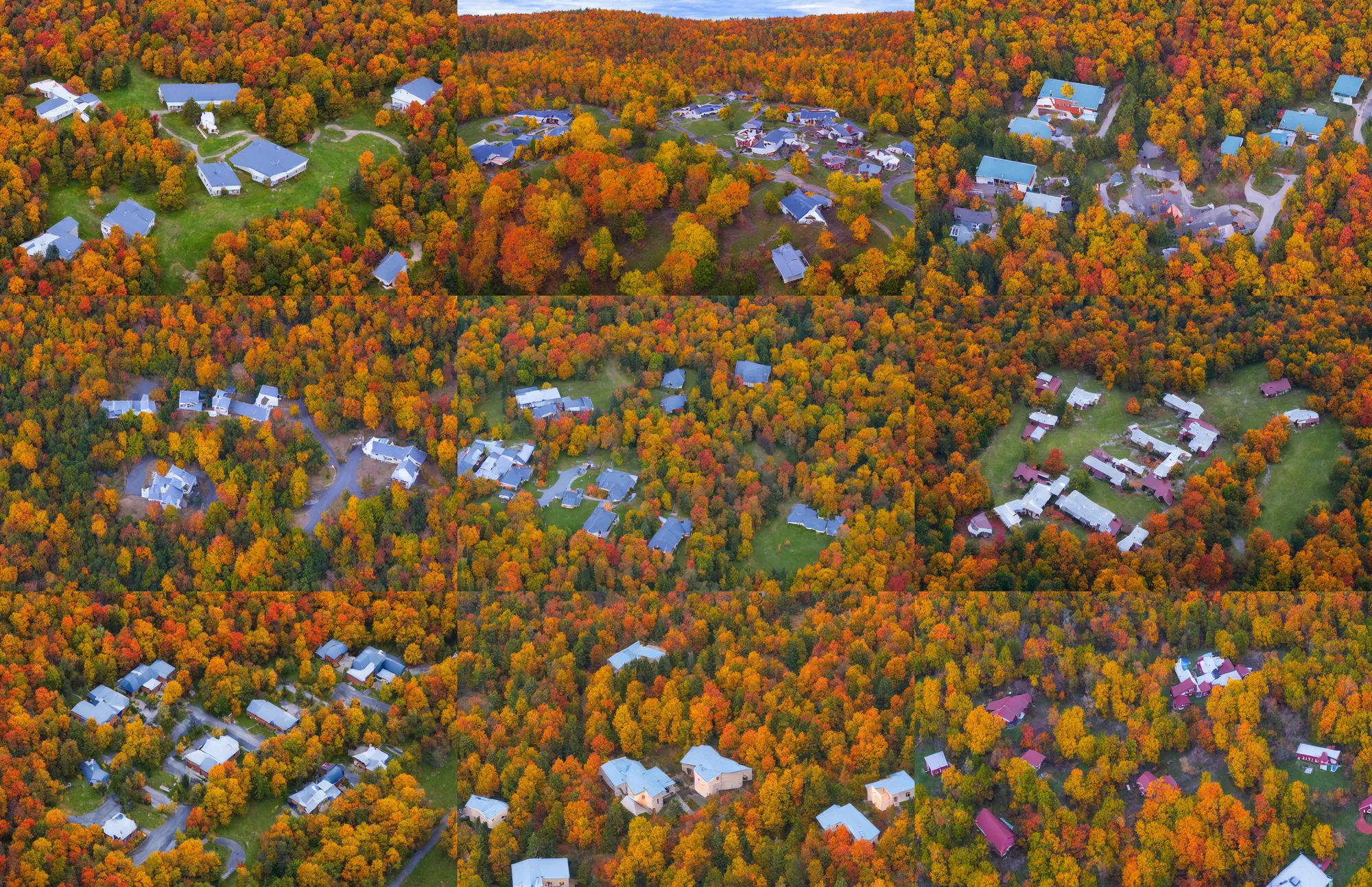 Prompt: low drone shot of a beautiful ranch style School campus and cabins in the middle of the Woods during autumn