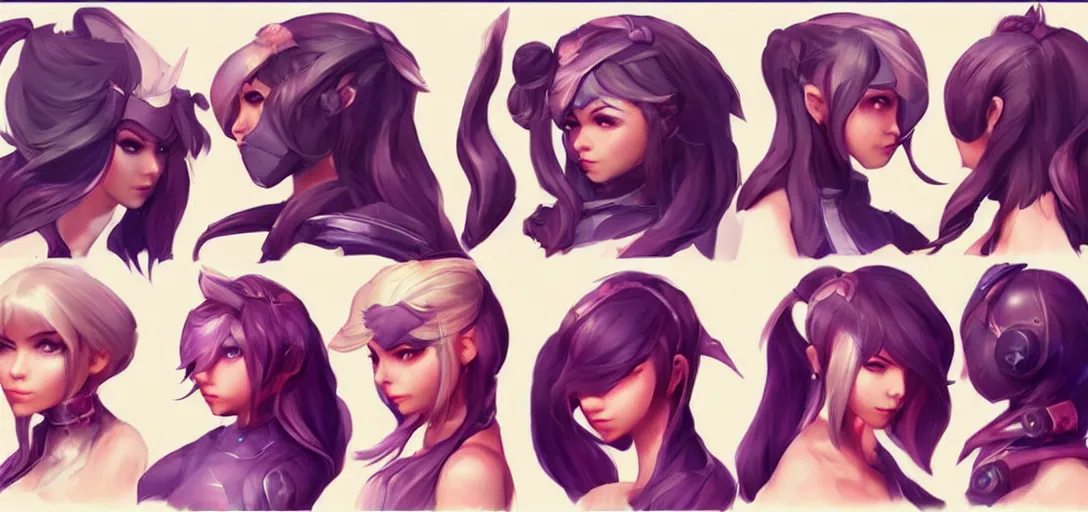 Image similar to concept art of female video game characters head designs, cute, quirky, unique hairstyles, overwatch by marc brunet and artgerm