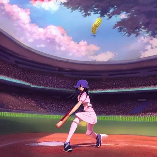 Image similar to this is the most beautiful anime girl playing baseball in the most beautiful artwork of the most beautiful anime girl playing baseball!, artstation!! pixiv!!, scenery art detailed, volumetric lighting, by range murata