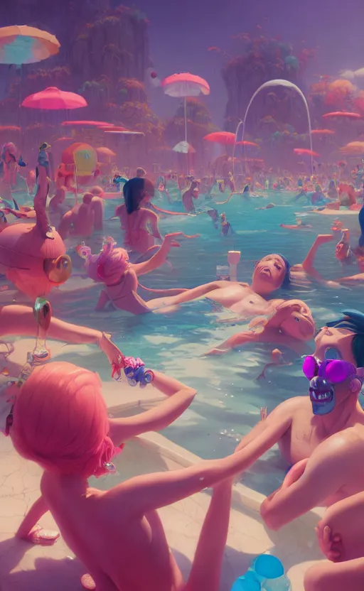 Image similar to highly detailed surreal vfx portrait of an anthropomorphic candy pool party, stephen bliss, unreal engine, greg rutkowski, loish, rhads, beeple, makoto shinkai and lois van baarle, ilya kuvshinov, rossdraws, tom bagshaw, global illumination, detailed and intricate environment