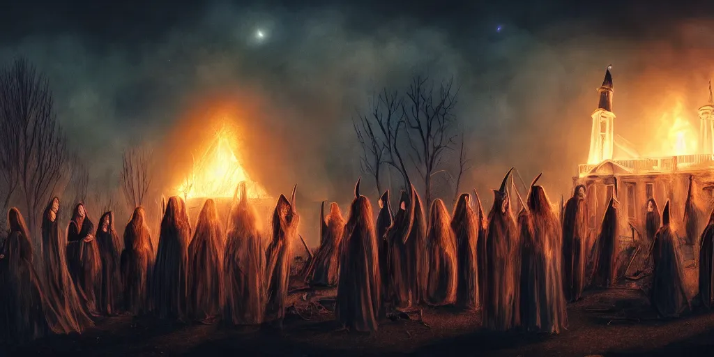 Image similar to coven of witches gathered on the roof of the burnt remains of the white house, performing a ritual to call lovecraftian aliens down from the night sky, wide shot, concept art, smooth, high quality, 4 k