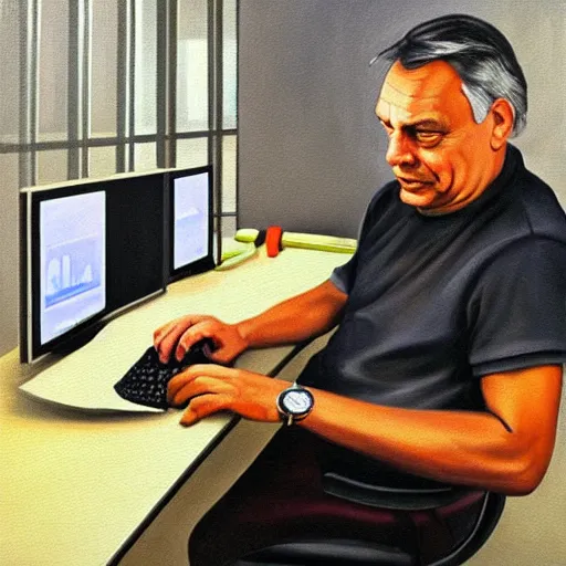 Image similar to viktor orban programming on a computer in a cubicle, oil painting