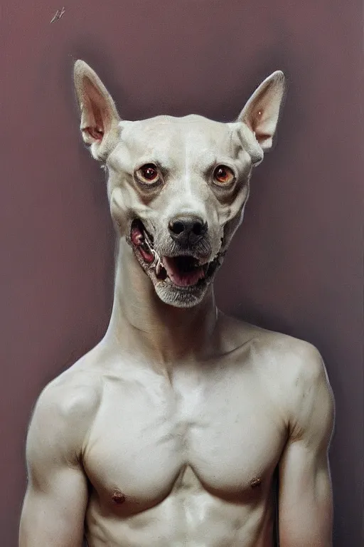 Image similar to Slavic dog head man, beautiful torso oil painting, hyperrealism, beautiful, high resolution, trending on artstation,