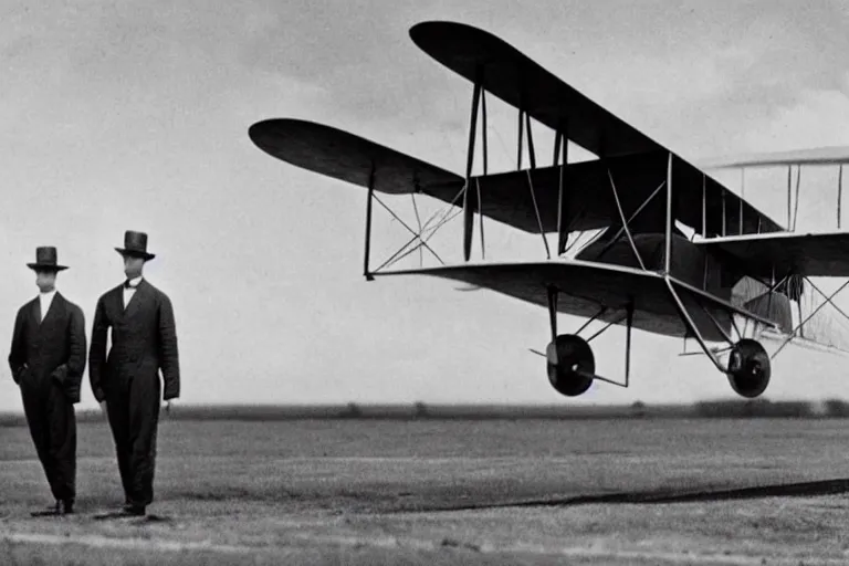 Image similar to still photo of the wright brothers taking off an airplane for the first time, black and white color photograph, highly detailed, photorealistic shot, bright studio setting, studio lighting, crisp quality and light reflections, unreal engine 5 quality render