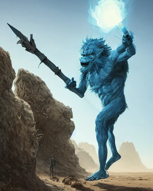 Prompt: A troll with blue skin and a spear posing in a a desert, realistic face, full body, fantasy art, in the style of greg rutkowski, illustration, epic, fantasy, intricate, hyper detailed, artstation, concept art, smooth, sharp focus, ray tracing, vibrant