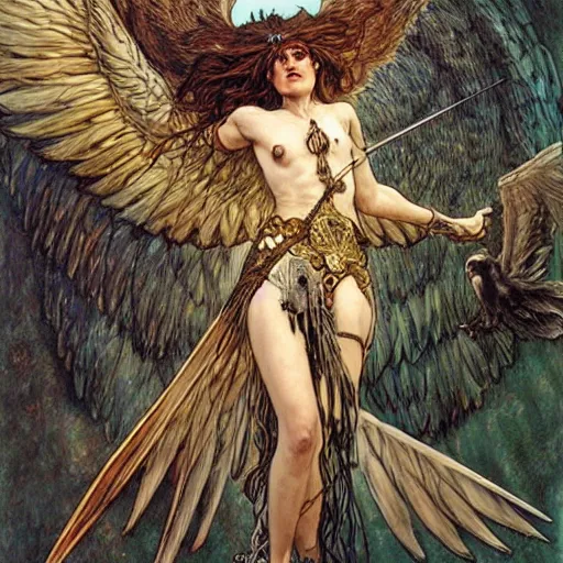 Image similar to a flying harpy with huge eagle wings impaled by a dozen arrows, d & d, fantasy, luis royo, magali villeneuve, donato giancola, wlop, krenz cushart, hans zatka, klimt, alphonse mucha