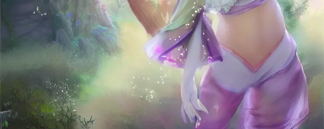 Image similar to Full View of a mysterious kpop fairy maidens with short blond hair wearing an oversized purple Beret, Baggy Purple overall shorts, Short Puffy pants made of silk, silk shoes, a big billowy scarf, Golden Ribbons, white leggings Covered in stars. Short Hair. peasant magic. masterpiece 4k digital illustration by Ruan Jia and Mandy Jurgens and Artgerm and william-adolphe bouguereau, award winning, Artstation, art nouveau aesthetic, Alphonse Mucha background, intricate details, realistic, panoramic view, Hyperdetailed, 8k resolution, intricate art nouveau, smooth, sharp focus