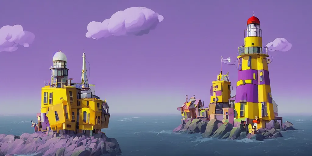 Prompt: cute purple and yellow cartoon monsters building a lighthouse by Goro Fujita and Simon Stalenhag , 8k, trending on artstation, hyper detailed, cinematic