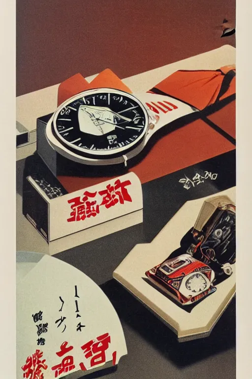 Prompt: watch advertisment, still life, 1 9 7 0 s japan shouwa advertisement, print, nostalgic