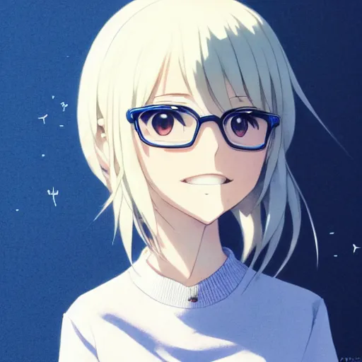 Prompt: anime cute chibi girl in blue sweater white white pale hair black glasses standing gentle smile background by greg rutkowski makoto shinkai kyoto animation key art feminine mid shot wlop madhouse, ufotable, comixwave films, trending on artstation