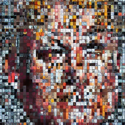 Image similar to portrait mosaic of trump with robot eyes, 4k, intricate details, digital, heaven and hell