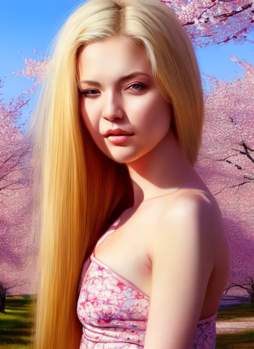 Image similar to photo of a gorgeous blonde female in the style of stefan kostic, realistic, half body shot, sharp focus, 8 k high definition, insanely detailed, intricate, elegant, art by stanley lau and artgerm, extreme blur cherry blossoms background