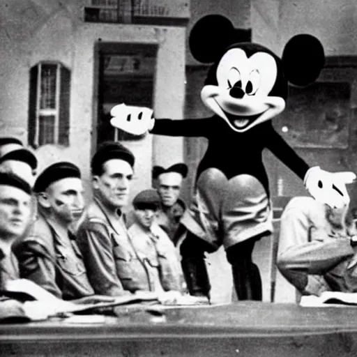 Image similar to Mickey Mouse WW2 photograph in a military meeting, Germans, dictator