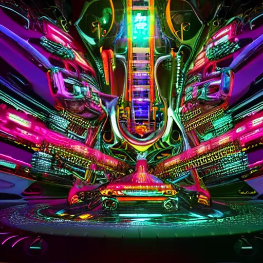 Prompt: album cover, album is called tripmachine, photo of a huge futuristic steampunk machine, made of guitars and drums and pianos, glowing monitors, connected with glowing tubes 8 k, fluorescent colors, halluzinogenic, multicolored, exaggerated detailed, front shot, 3 d render, octane