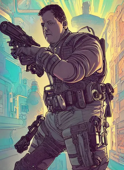 Prompt: cyberpunk paul blart fighting real cop. portrait by ashley wood and alphonse mucha and laurie greasley and josan gonzalez and james gurney. spliner cell, apex legends, rb 6 s, hl 2, d & d, cyberpunk 2 0 7 7. realistic face. vivid color. dystopian setting.