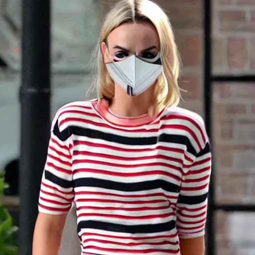 Image similar to margo robbie in a striped shirt and a robber mask