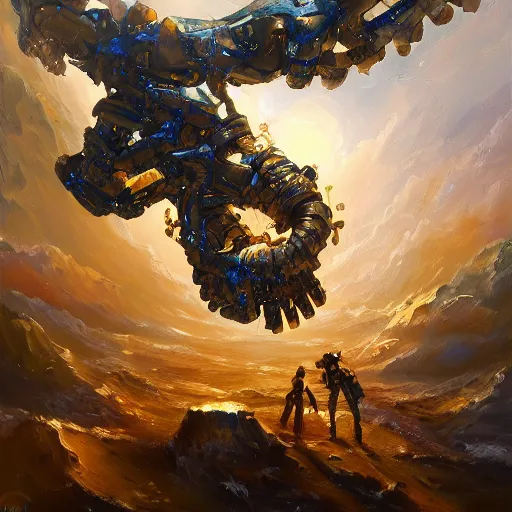 Prompt: two Artificial Intelligence fighting with brushes on a canvas to create the most beautiful painting ever, oil painting, digital art, trending on artstation, highly detailed, 8k, luminous, biomechanical