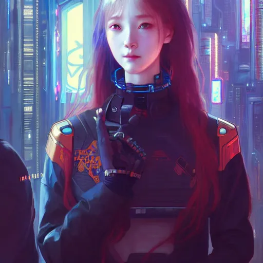 Prompt: painting of cyberpunk chuu loona kpop smiling cheerfully, ultra realistic, concept art, intricate details, eerie, highly detailed, photorealistic, octane render, 8 k, unreal engine. art by artgerm and greg rutkowski and magali villeneuve and alphonse mucha