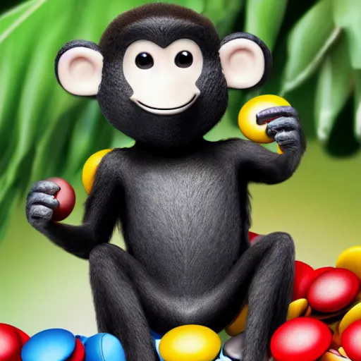 Prompt: monkey but his eyes are made of m & ms