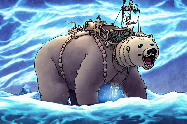 Image similar to cell shaded cartoon of a giant lovecraftian mechanized polar bear from howl's moving castle ( 2 0 0 4 ), wading through an icy river, full body, wide shot, very muted colors, post grunge, studio ghibli, highly detailed, deviantart, art by artgem