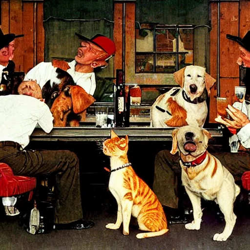 Prompt: norman rockwell painting of cats and dogs drinking beer