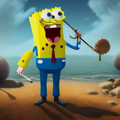Prompt: a beautiful portrait of an epic fantasy style spongebob holding a giant lollipop and wearing a pair of old fashioned aviator goggles, Bikini Bottom is the background, insanely detailed, 3D art, Greg Rutkowski, Charlie Bowater, unreal 5, DAZ, Maya Render, hyperrealistic, octane render, RPG portrait, dynamic lighting, fantasy art