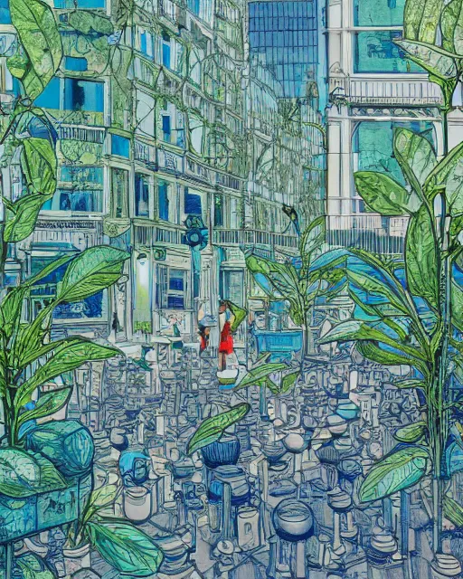 Image similar to london street scene by james jean, green plants, blue light, fine details