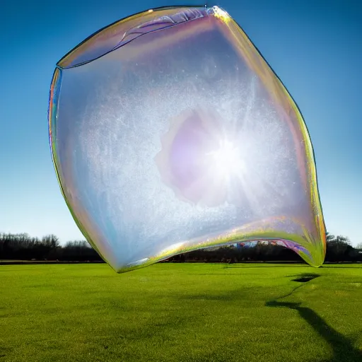 Prompt: an ultra high definition professional studio quality photograph of a transparent iridescent perspex pastel coloured inflatable abstract parachute sculpture in an empty field. dramatic lighting, ray tracing, refraction, shallow d. o. f, colour corrected, golden ratio, three point light. volumetric shadows. god rays.