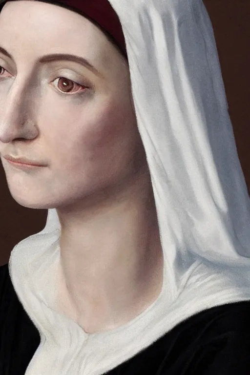 Prompt: hyper - realistic close - up portrait of a medieval woman, pale skin, in a black silk robe, in the сaravaggio style