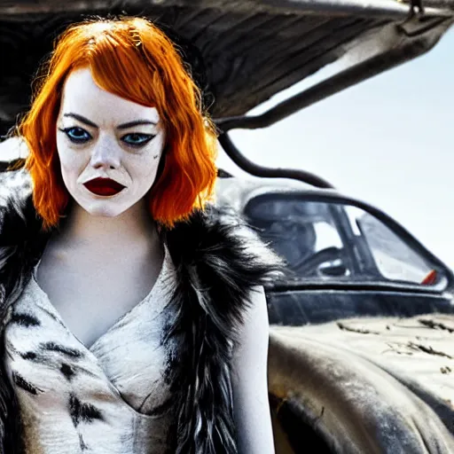 Image similar to emma stone as cruella in mad max fury road