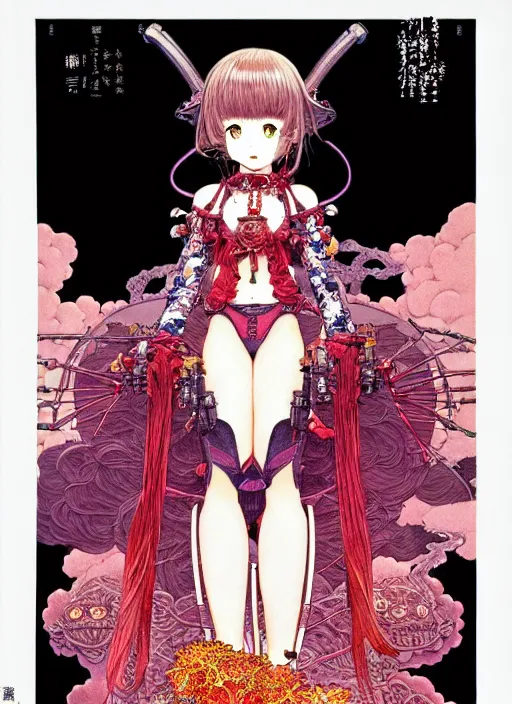 Prompt: highly detailed fate artstation katsuhiro otomo fluorescent fantastic fate manga poster of princess mechine, minaba hideo, takato yamamoto, long hair, armor, laces, ruffles, 8 k, maximalist, art nouveau,