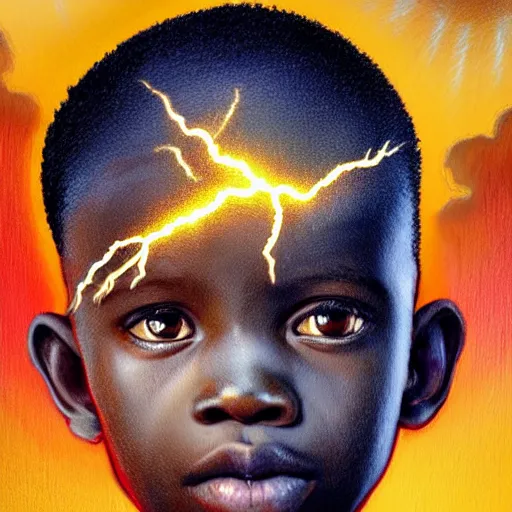 Image similar to upper half portrait of an african boy inside a group of clouds - surrounded by bolts of lightning with rays of light emanating from clouds - in drew struzan movie poster style, art by drew struzan, highly detailed, digital painting, ray tracing, illustration, smooth, sharp focus, intricate, symmetry, artstation,