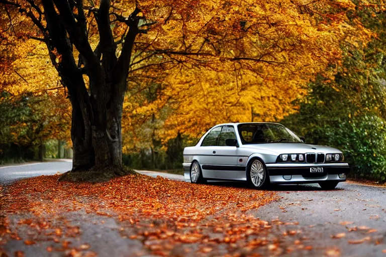 Prompt: A BMW e36 parked in a road with trees, autumn season, Epic photography, taken with a Canon DSLR camera, 250 mm, depth of field