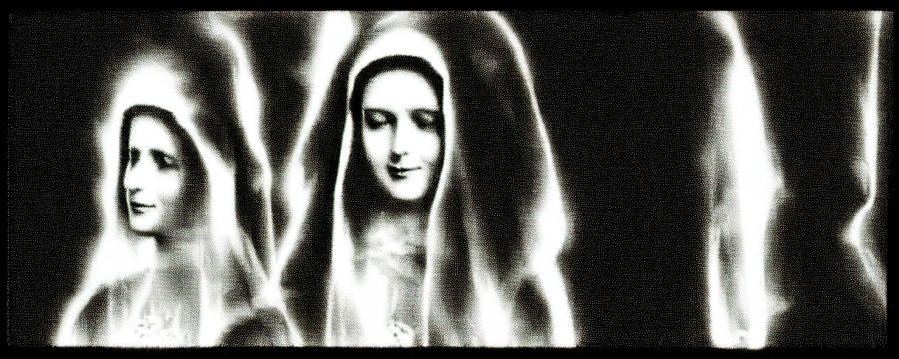 Image similar to vhs static overlay of marian apparition, vhs, 1 9 9 0, highly realistic, highly detailed, vhs noise static, black and white, vhs glitch