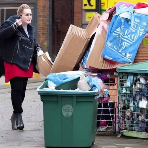 Prompt: News footage of singer Adele going through someone's bins in East London