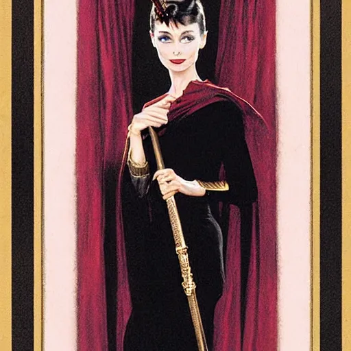 Prompt: an extremely detailed matte painting audrey hepburn as a vampire queen in a resplendent black dress with gold and crimson trim and a long leg slit, in the style of magic the gathering, 8 k, sharp focus, detailed face, art by john collier and albert aublet and krenz cushart and artem demura and alphonse mucha