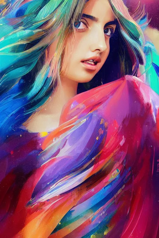 Image similar to a ultra detailed beautiful painting of ana de armas, wearing a colorful flowing dress, high angle shot, oil painting, by ilya kuvshinov, greg rutkowski and makoto shinkai