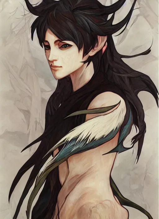 Image similar to concept art painting of an androgynous harpy with black feathers, pirate clothes, detailed, realistic, cel shaded, in the style of makoto shinkai and james gurney and alphonse mucha and greg rutkowski and artgerm