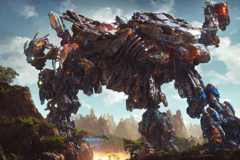 Image similar to thunderjaw machine mecha animal beast robot of horizon forbidden west horizon zero dawn bioluminiscence global illumination ray tracing hdr fanart arstation by sung choi and eric pfeiffer and gabriel garza and casper konefal